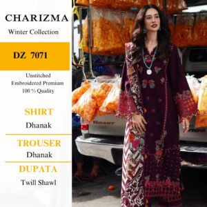 Charizma Premium Brand Fabric Dhanak Suit with Luxury Soft Printed Shawl 3pcs