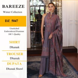 Premium Bareeze Brand Fabric Premium 3-piece Dhanak Suit with Dhanak Heavy Embroidered Shawl 3pcs