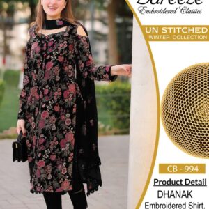 Bareeze Brand 3pcs Fabric Dhanak Suit with Dhanak Embroidered Shawl